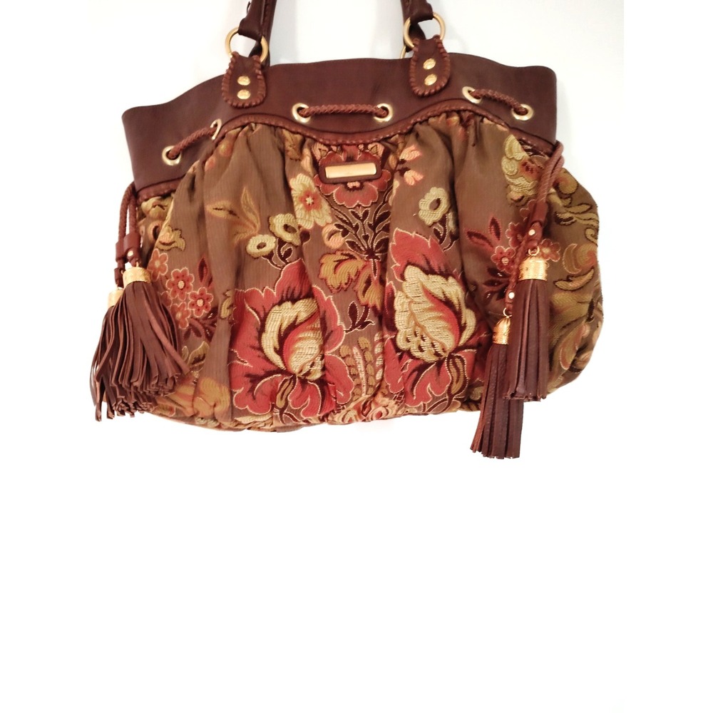 Isabella Fiore Floral Tapestry Satchel Handbag Brown Leather Trim Boho VTG Purse - Picture 4 of 16